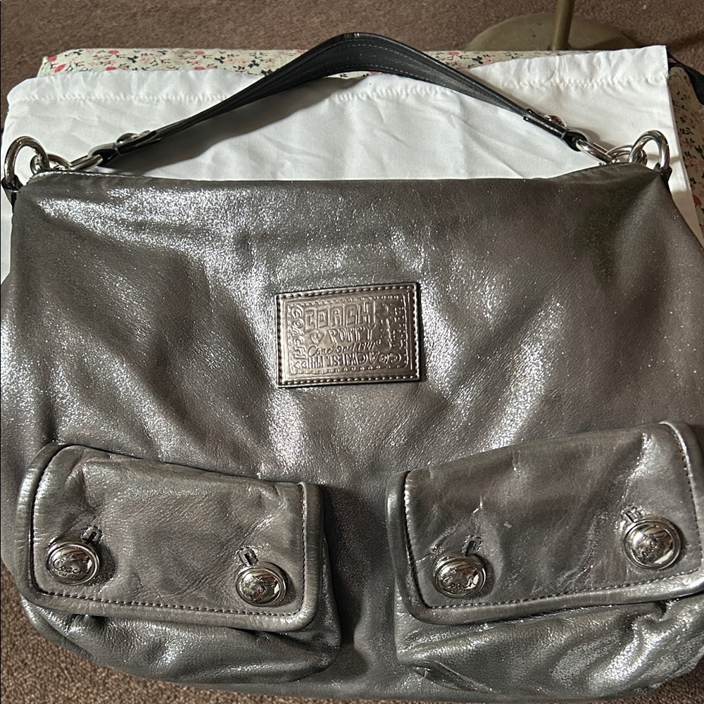 Coach poppy Metallic Gray leather Designer Shoulder Bag